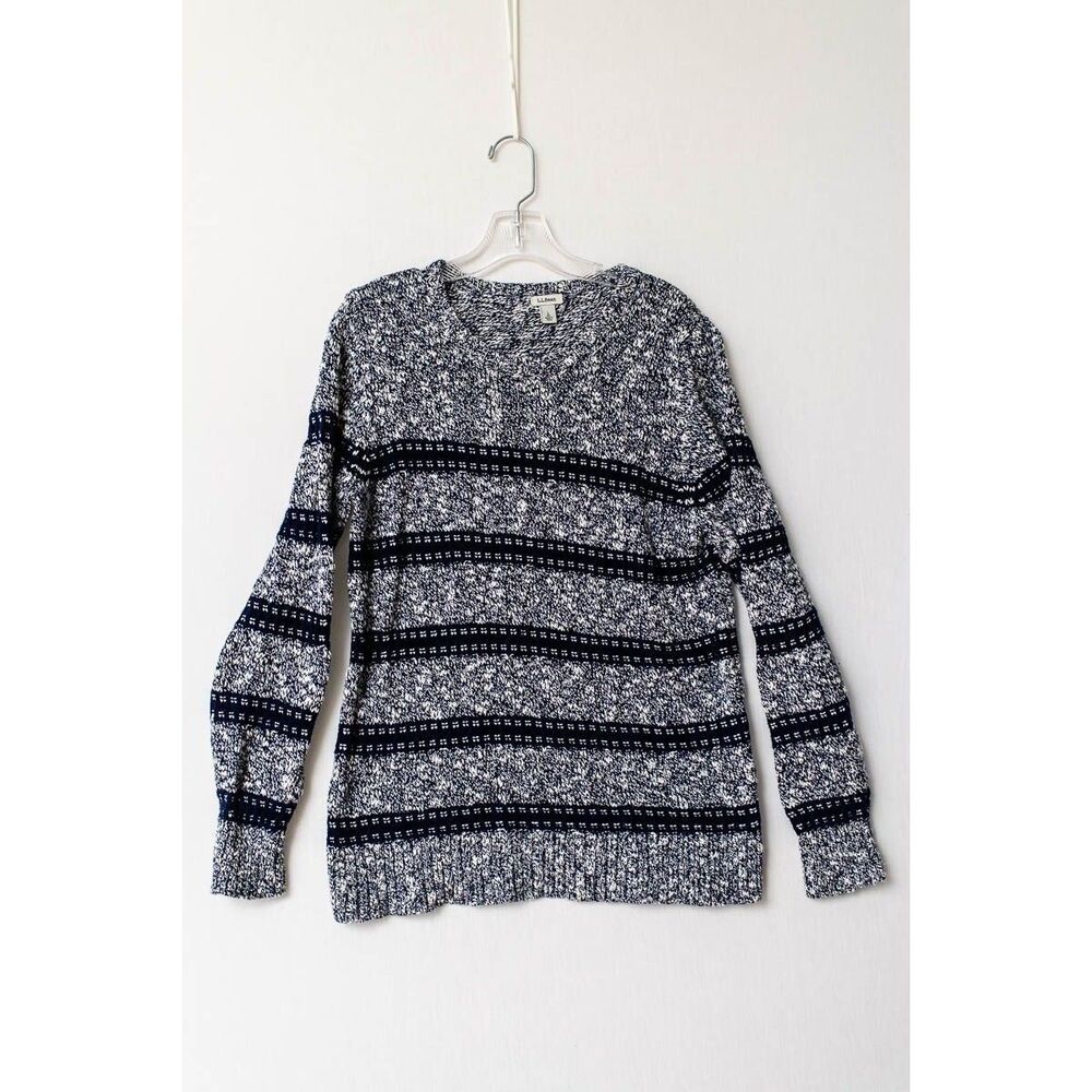 L.L. Bean Sweater crew neck L Blue White Cotton preppy Pullover 504229